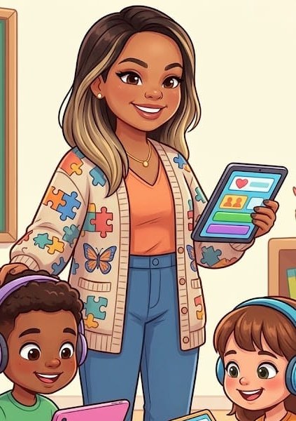 Nágila, neuropsicopedagoga, sorrindo com um tablet na mão